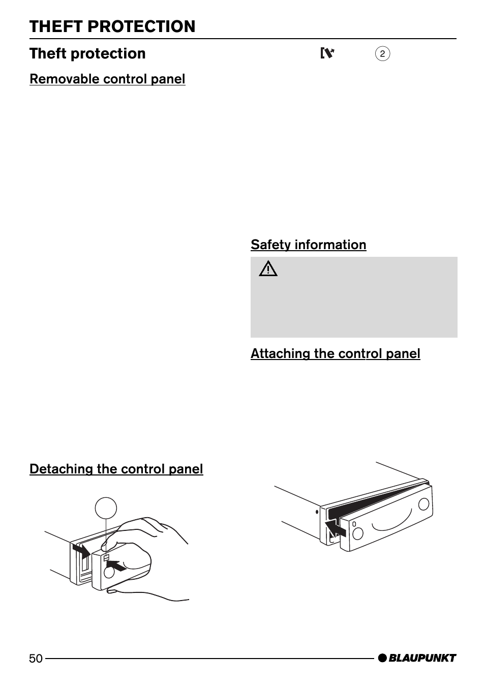 Theft protection, Safety information, Attaching the control panel | Removable control panel, Detaching the control panel 2 | Blaupunkt SAN FRANCISCO CD72 User Manual | Page 8 / 78