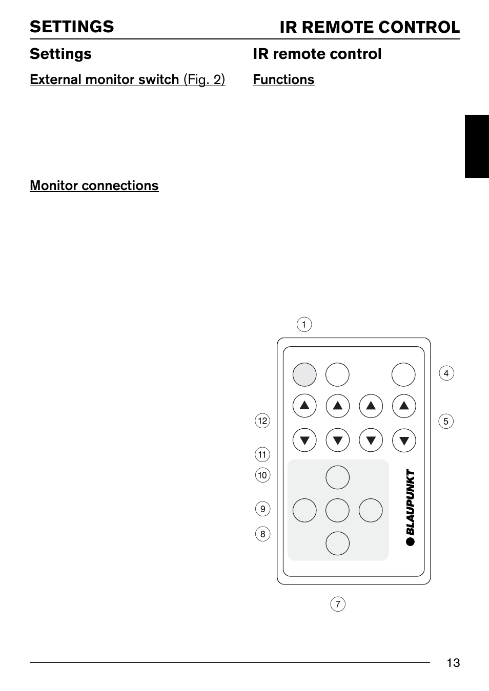 Settings, Ir remote control, External monitor switch (fig. 2) | Monitor connections, Functions | Blaupunkt IVSC-5502 User Manual | Page 5 / 13