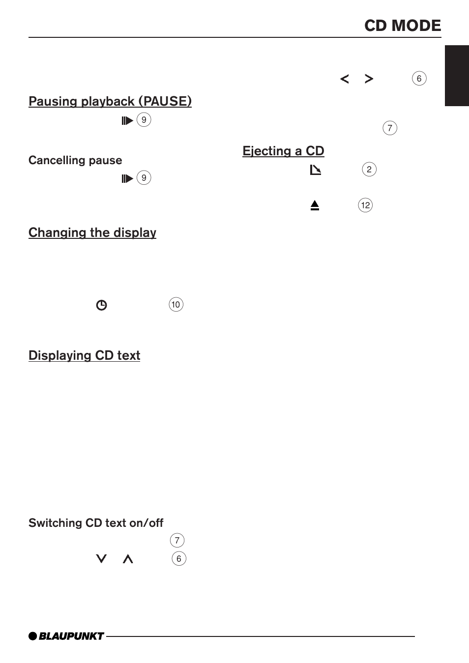 Cd mode, Pausing playback (pause), Changing the display | Displaying cd text, Ejecting a cd | Blaupunkt Monterrey MP35 User Manual | Page 15 / 29