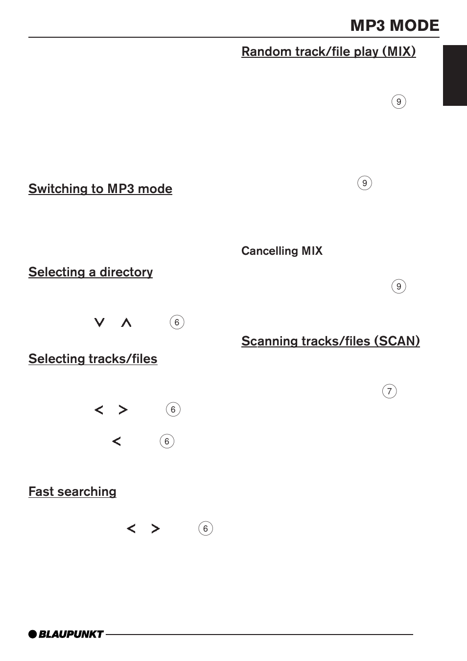 Mp3 mode, Switching to mp3 mode, Selecting a directory | Selecting tracks/files, Fast searching, Random track/file play (mix), Scanning tracks/files (scan) | Blaupunkt Monterrey MP35 User Manual | Page 17 / 29