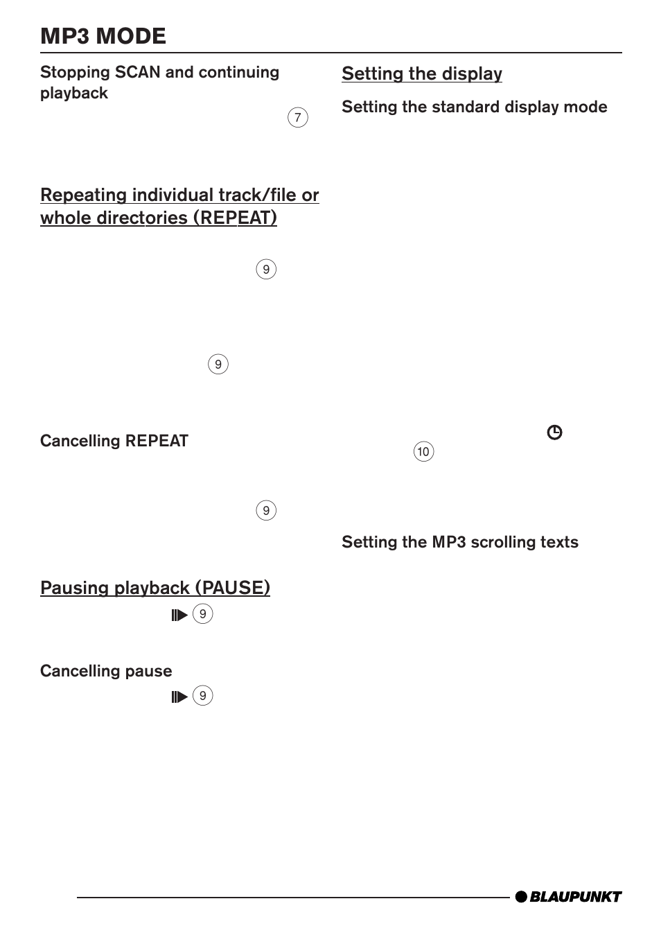 Mp3 mode, Pausing playback (pause), Setting the display | Blaupunkt Monterrey MP35 User Manual | Page 18 / 29