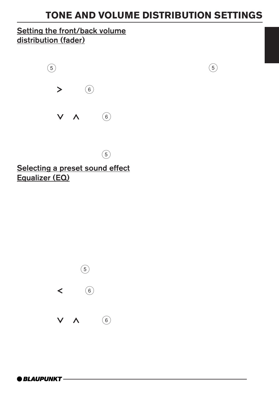 Tone and volume distribution settings, Setting the front/back volume distribution (fader), Selecting a preset sound effect equalizer (eq) | Blaupunkt Monterrey MP35 User Manual | Page 23 / 29