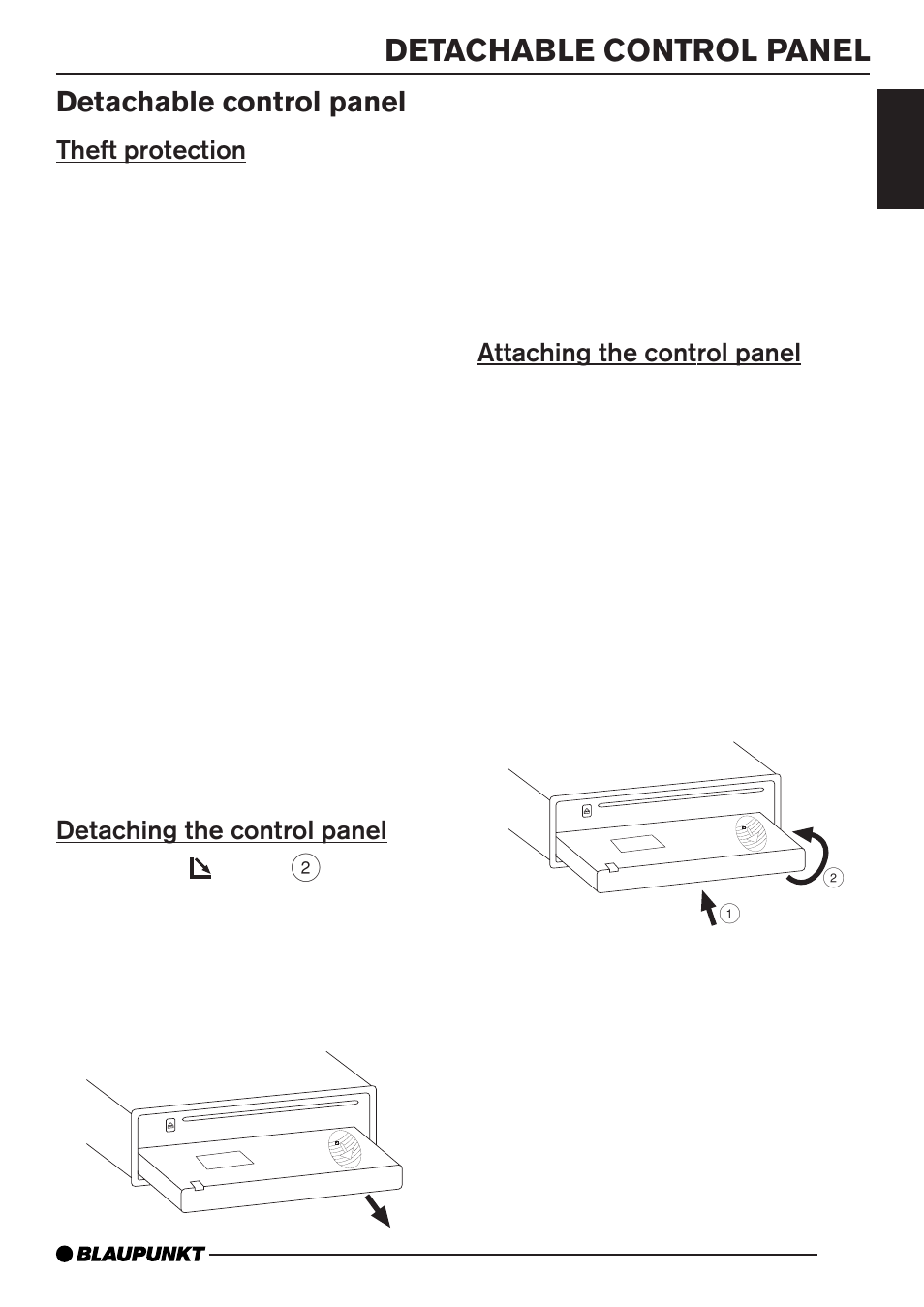 Detachable control panel, Theft protection, Detaching the control panel | Attaching the control panel | Blaupunkt Monterrey MP35 User Manual | Page 7 / 29