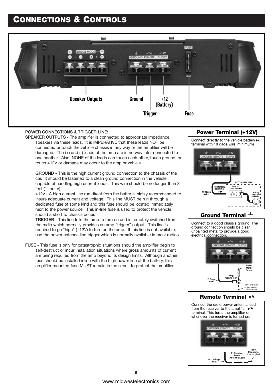 Onnections, Ontrols, Speaker outputs ground +12 (battery) trigger fuse | Power terminal (+12v), Ground terminal remote terminal | Blaupunkt PCA260 User Manual | Page 8 / 14