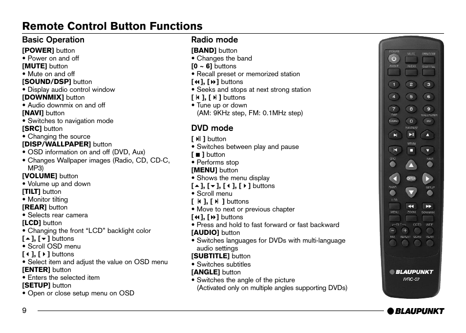 Remote control buttons, Remote control button functions | Blaupunkt IVDM-7002 User Manual | Page 10 / 56