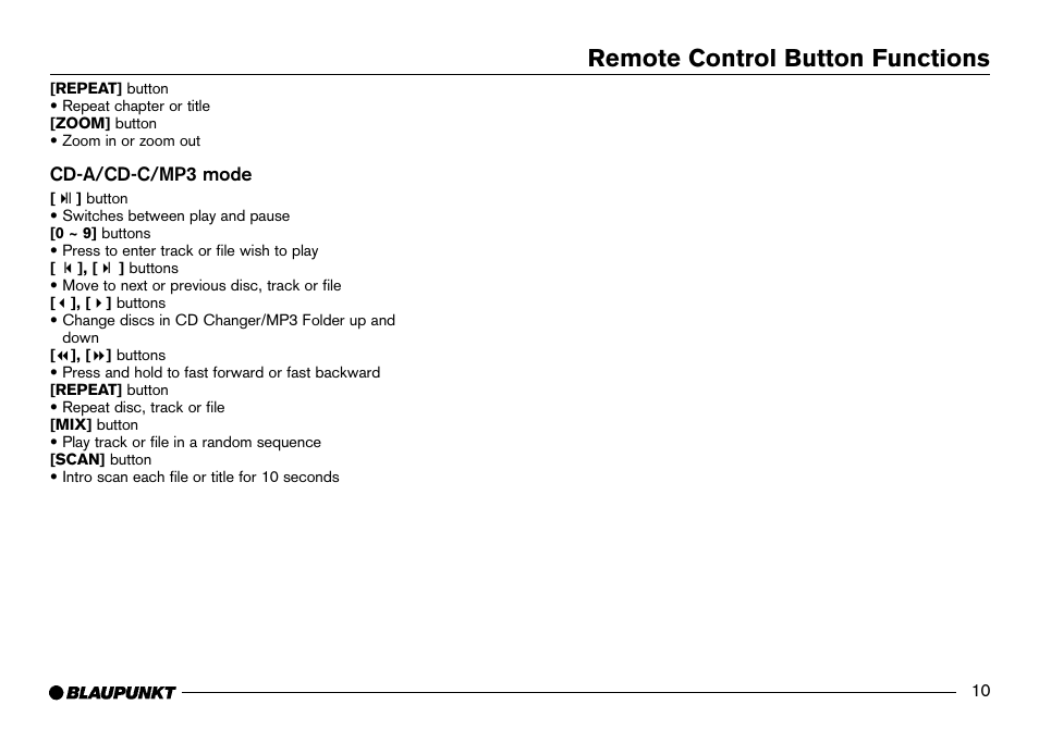 Remote control button functions | Blaupunkt IVDM-7002 User Manual | Page 11 / 56