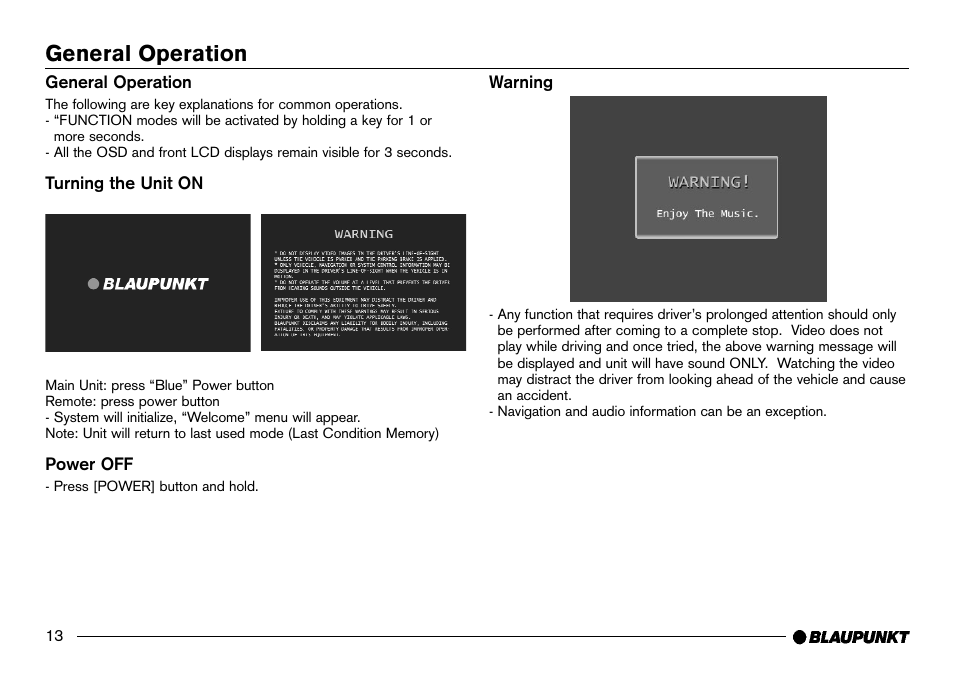 General operation, Power on / off | Blaupunkt IVDM-7002 User Manual | Page 14 / 56