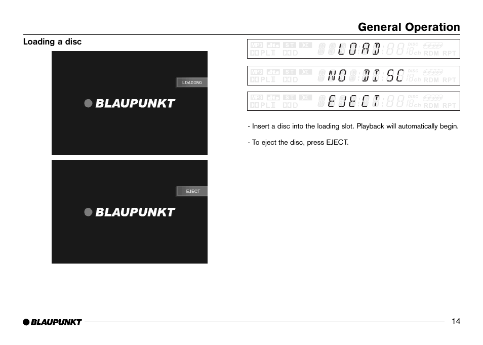 Loading / ejecting a disc, General operation | Blaupunkt IVDM-7002 User Manual | Page 15 / 56