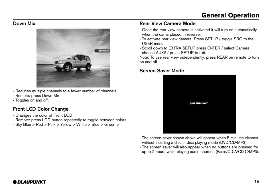 Audio down mix, Front lcd color change, Rear view camera mode | Screen saver mode, General operation | Blaupunkt IVDM-7002 User Manual | Page 19 / 56