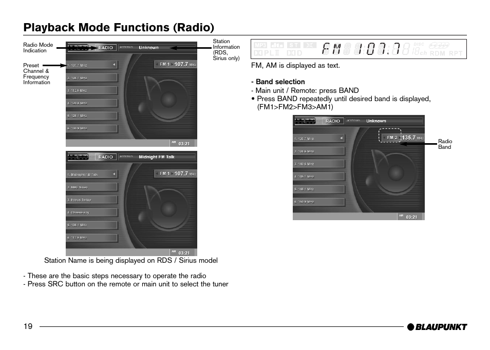 Playback functions, Radio mode, Radio display (screen) | Band select (fm1>fm2>fm3>am1), Playback mode functions (radio) | Blaupunkt IVDM-7002 User Manual | Page 20 / 56