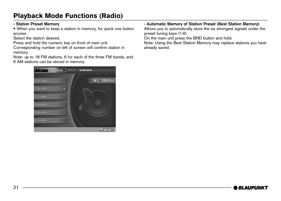 Preset memory, Best station memory, Playback mode functions (radio) | Blaupunkt IVDM-7002 User Manual | Page 22 / 56