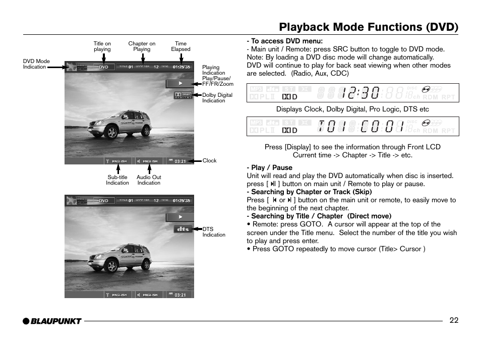 Dvd mode, Dvd display (screen), Play / pause | Chapter / track skip, Goto chapter / track (direct access), Playback mode functions (dvd) | Blaupunkt IVDM-7002 User Manual | Page 23 / 56