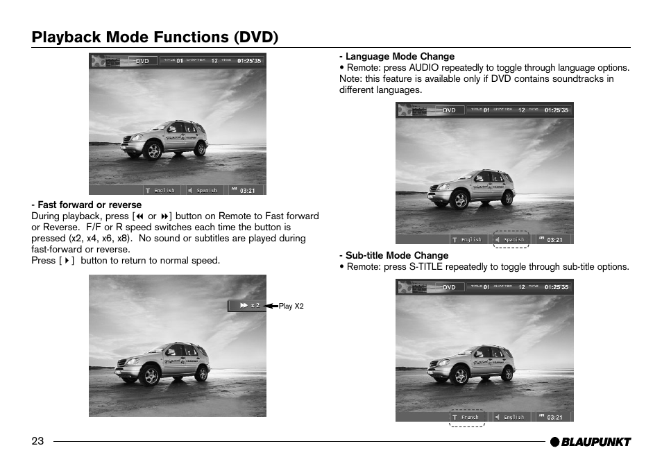 Fast forward / reverse, Audio soundtrack language, Subtitle mode | Playback mode functions (dvd) | Blaupunkt IVDM-7002 User Manual | Page 24 / 56