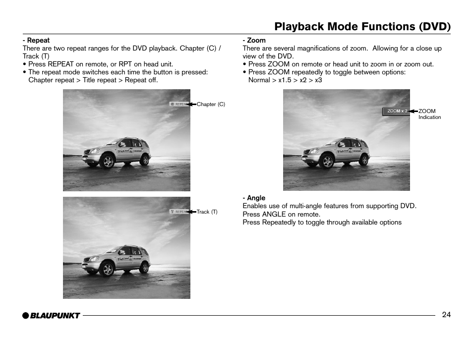 Repeat chapter / track, Zoom, Angle | Playback mode functions (dvd) | Blaupunkt IVDM-7002 User Manual | Page 25 / 56