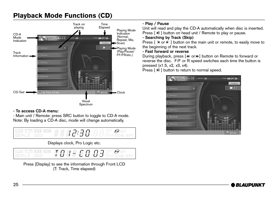 Cd mode, Cd display (screen), Play / pause | Track skip, Fast forward / reverse, Playback mode functions (cd) | Blaupunkt IVDM-7002 User Manual | Page 26 / 56