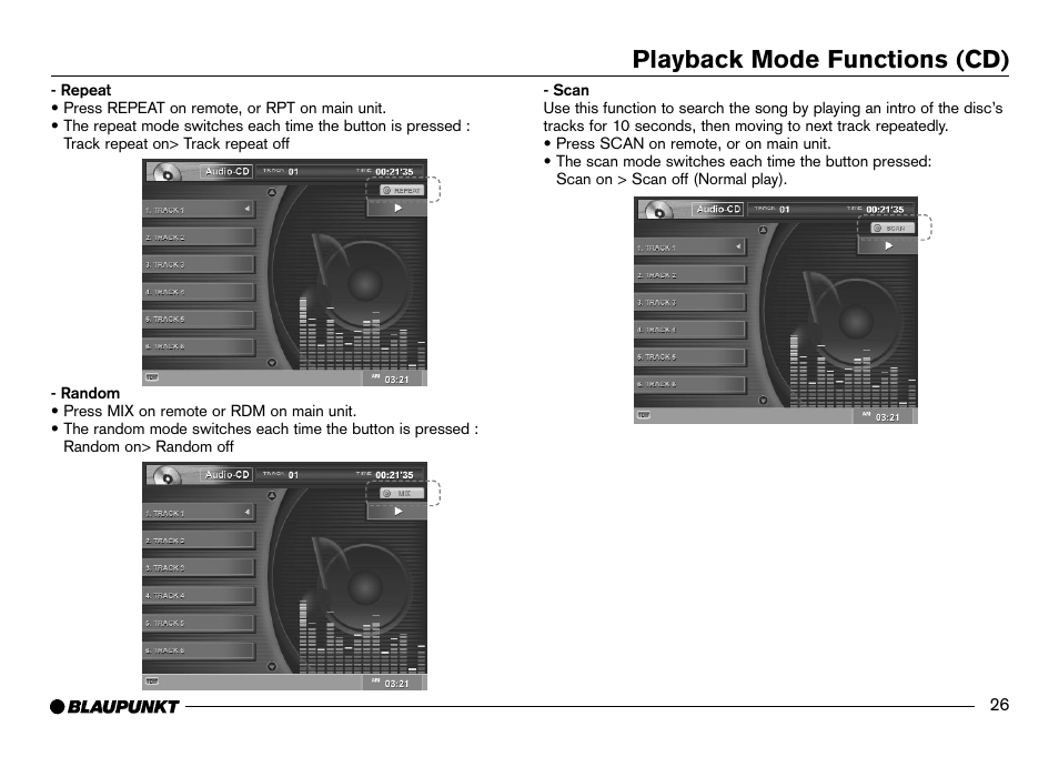 Repeat, Random, Scan | Playback mode functions (cd) | Blaupunkt IVDM-7002 User Manual | Page 27 / 56