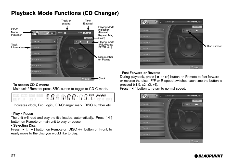 Cd changer mode, Changer display, Play / pause | Fast forward / reverse, Playback mode functions (cd changer) | Blaupunkt IVDM-7002 User Manual | Page 28 / 56