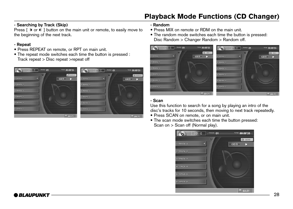 Track skip, Random, Scan | Playback mode functions (cd changer) | Blaupunkt IVDM-7002 User Manual | Page 29 / 56