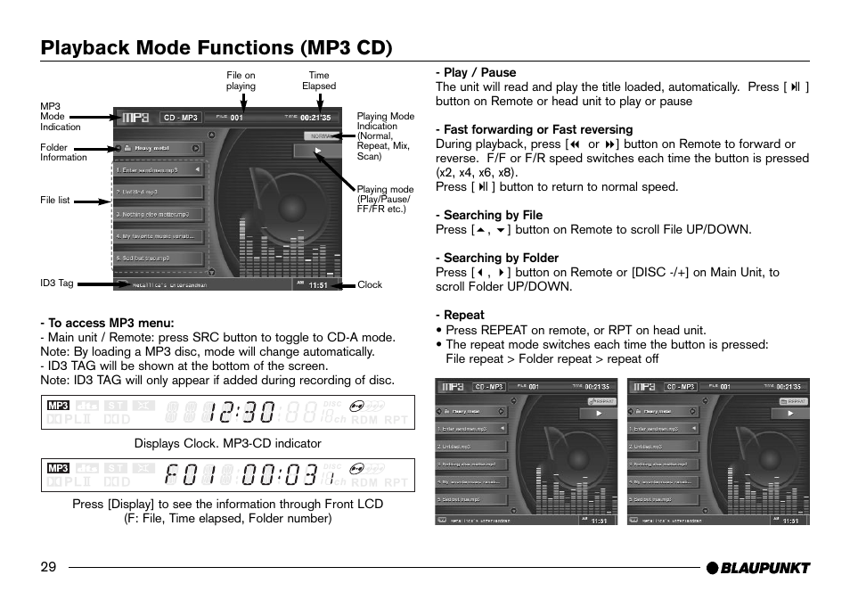 Mp3 cd mode, Mp3 display, Play / pause | Fast forward / reverse, Searching by file, Searching by folder, Repeat, Playback mode functions (mp3 cd) | Blaupunkt IVDM-7002 User Manual | Page 30 / 56