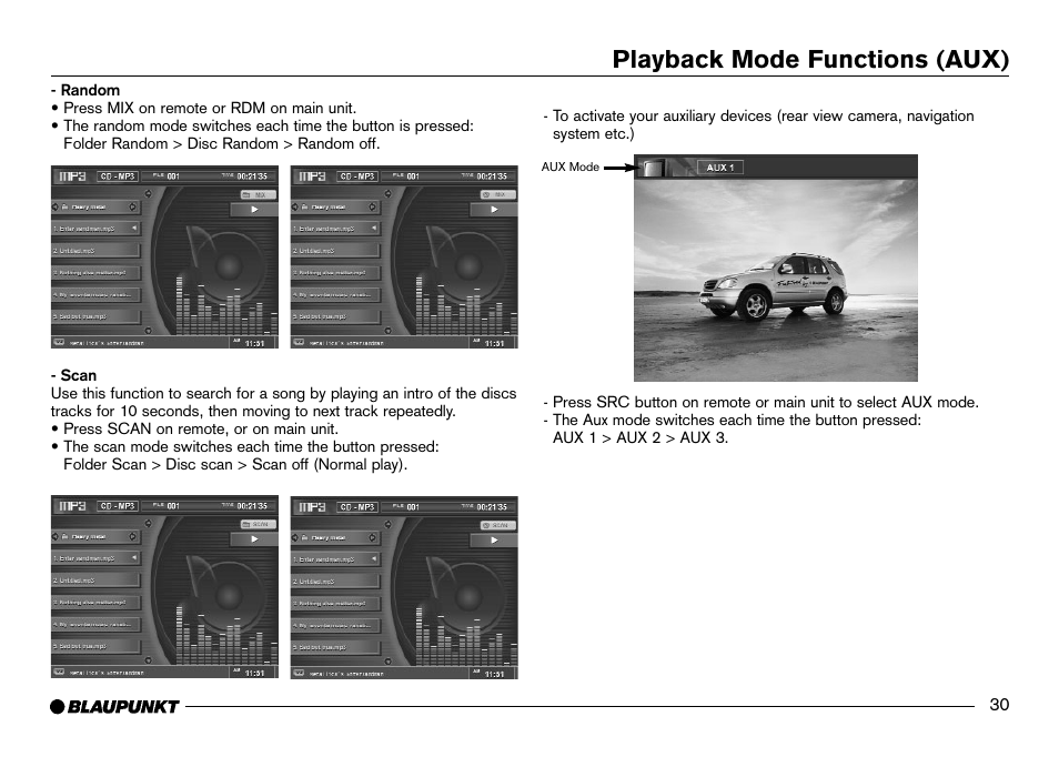 Random, Scan, Aux mode | Activating aux, Playback mode functions (aux) | Blaupunkt IVDM-7002 User Manual | Page 31 / 56