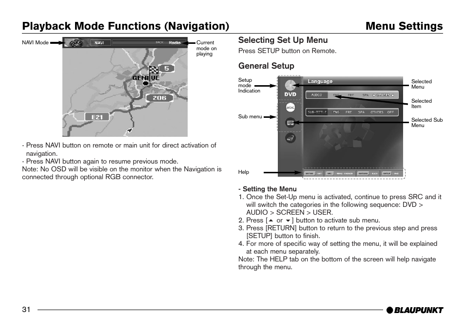 Navigation mode, Nav display, Menu settings | Selecting setup menu, General setup, Playback mode functions (navigation) menu settings | Blaupunkt IVDM-7002 User Manual | Page 32 / 56