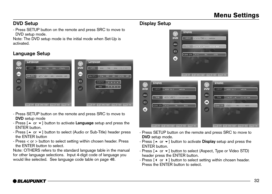 Dvd setup, Language, Display | Menu settings | Blaupunkt IVDM-7002 User Manual | Page 33 / 56