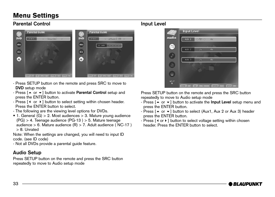 Parental control, Audio setup, Input level | Menu settings | Blaupunkt IVDM-7002 User Manual | Page 34 / 56