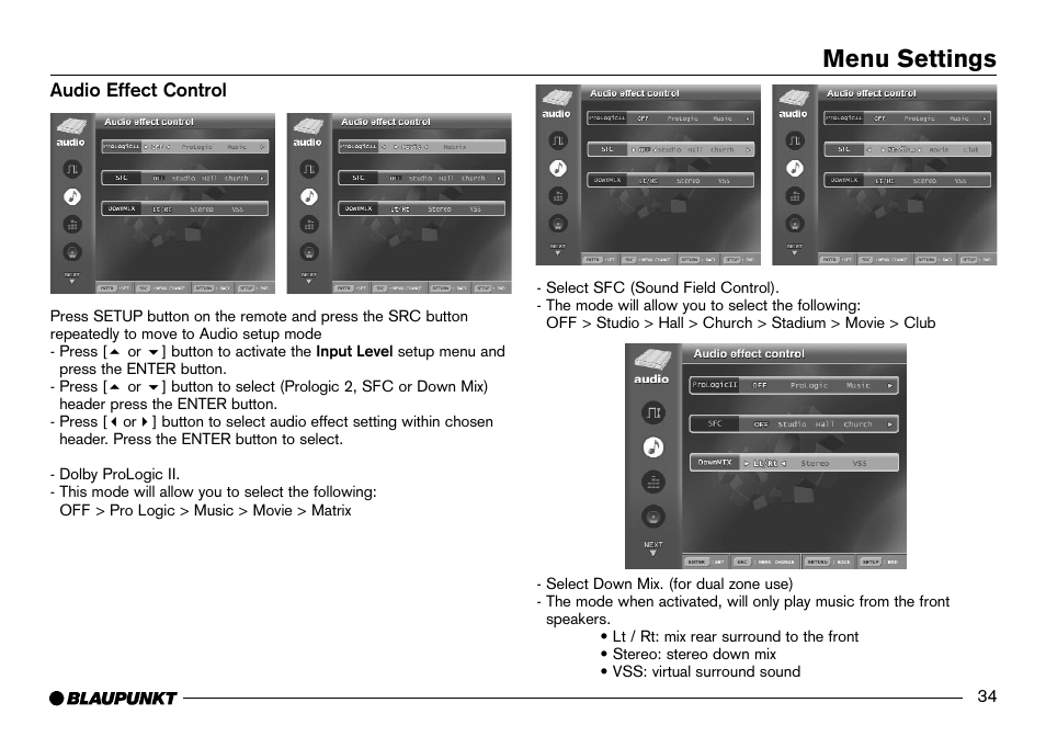 Audio effect control, Menu settings | Blaupunkt IVDM-7002 User Manual | Page 35 / 56