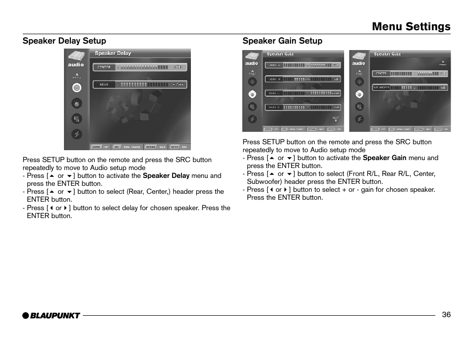 Speaker delay, Speaker gain, Menu settings | Blaupunkt IVDM-7002 User Manual | Page 37 / 56