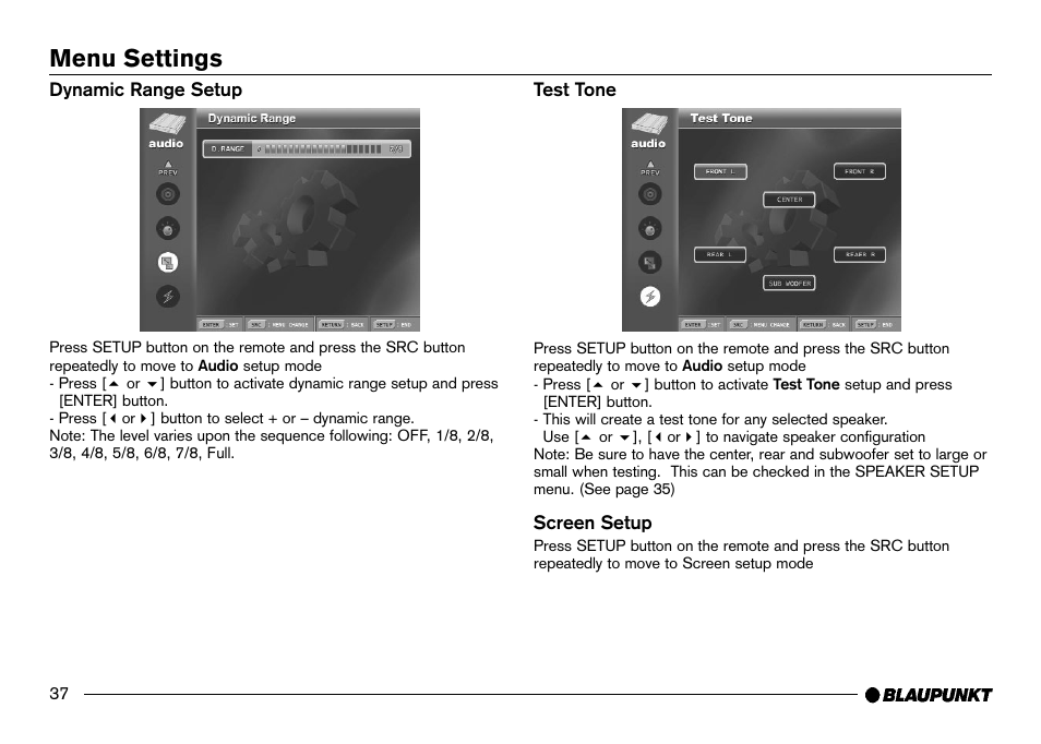 Dynamic range, Test tone, Screen setup | Menu settings | Blaupunkt IVDM-7002 User Manual | Page 38 / 56