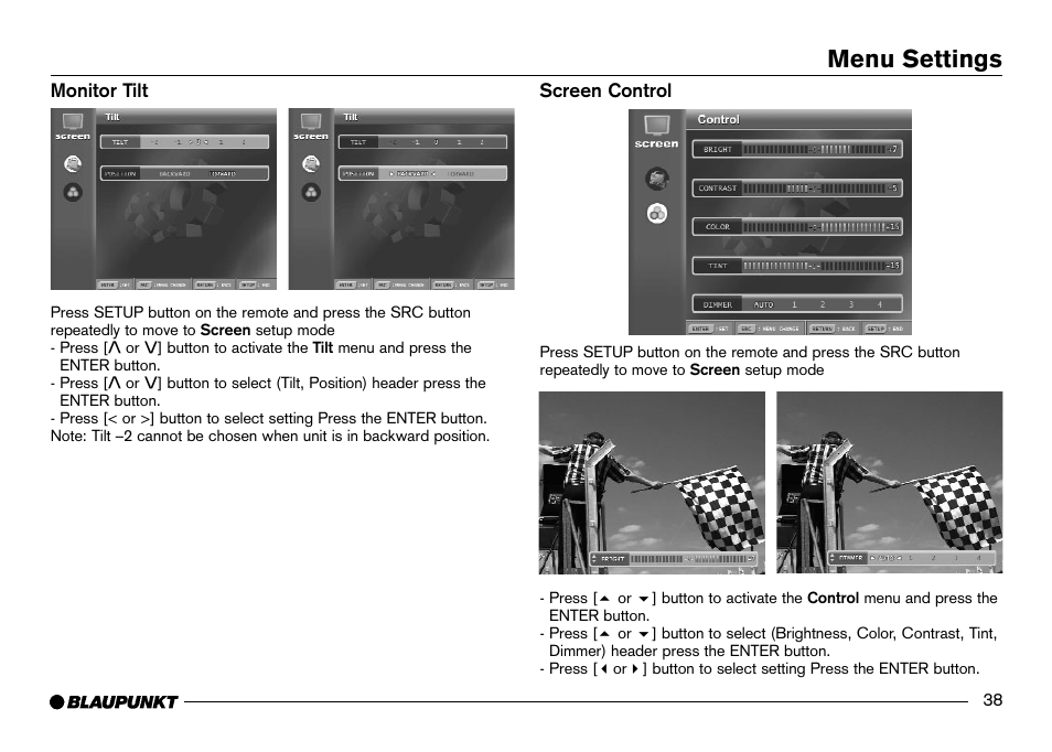 Monitor tilt, Menu settings | Blaupunkt IVDM-7002 User Manual | Page 39 / 56