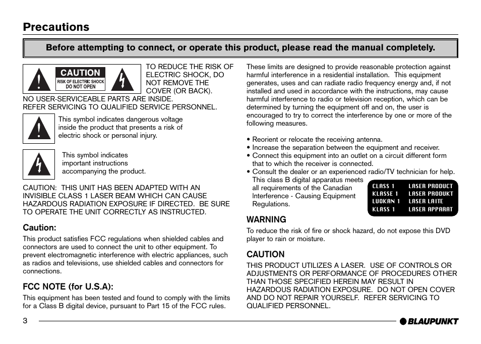 Precautions | Blaupunkt IVDM-7002 User Manual | Page 4 / 56