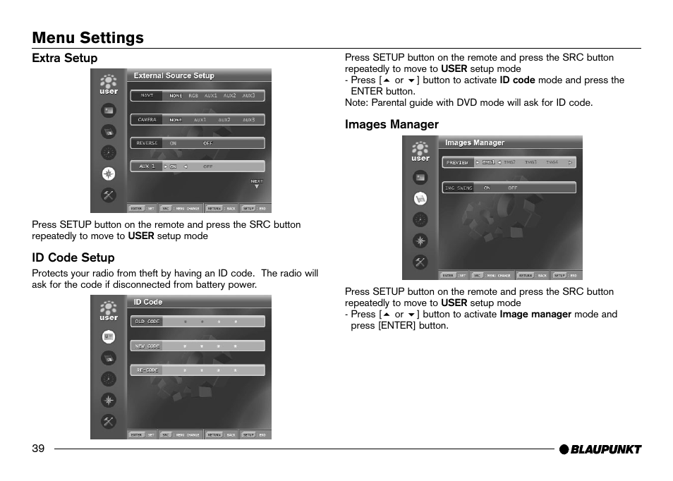 User setup, Id code setup, Images manager (wallpaper) | Menu settings | Blaupunkt IVDM-7002 User Manual | Page 40 / 56