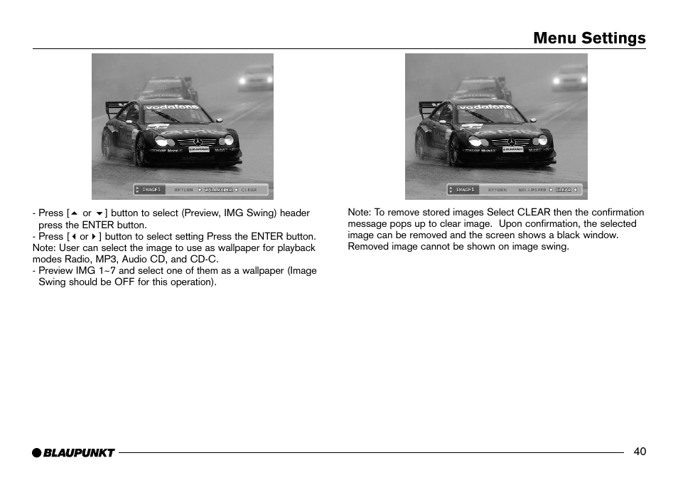 Removing stored images, Menu settings | Blaupunkt IVDM-7002 User Manual | Page 41 / 56