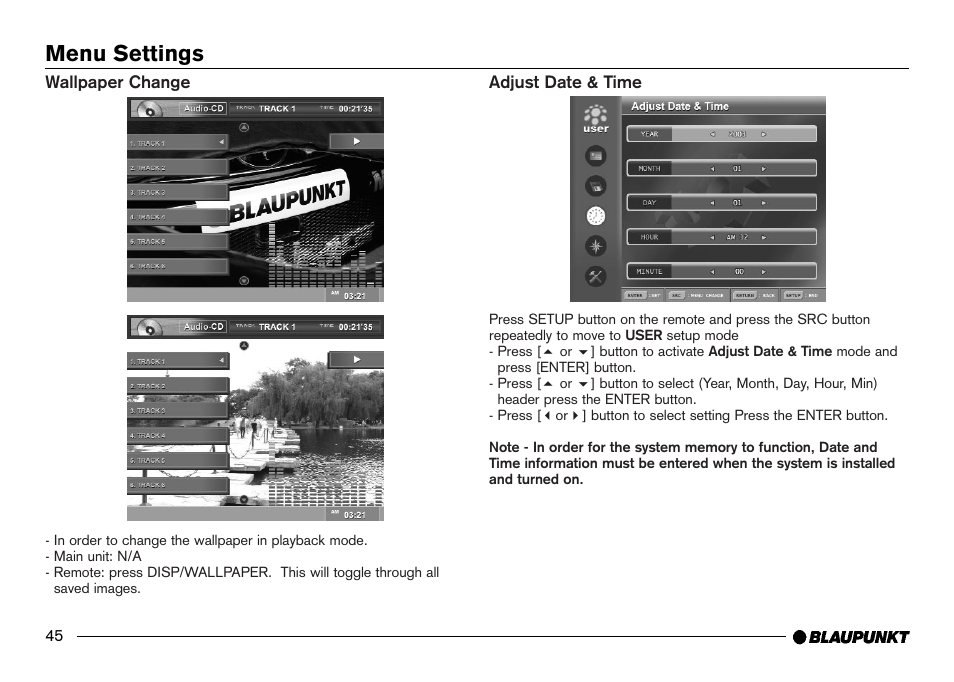 Changing wallpaper during playback, Date & time adjust, Menu settings | Blaupunkt IVDM-7002 User Manual | Page 46 / 56