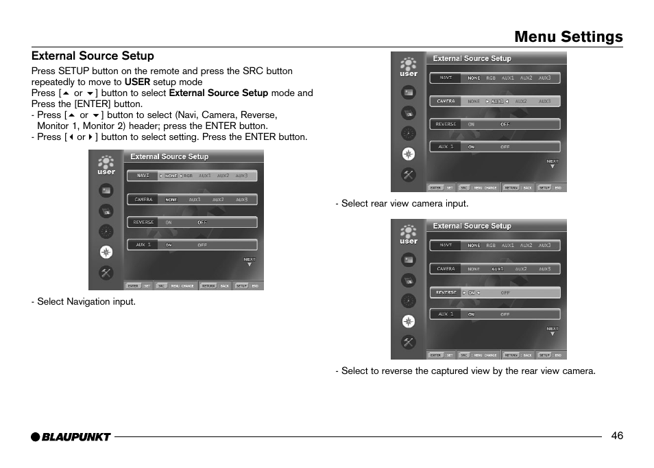 External source setup, Rear camera, Reversing rear camera | Menu settings | Blaupunkt IVDM-7002 User Manual | Page 47 / 56