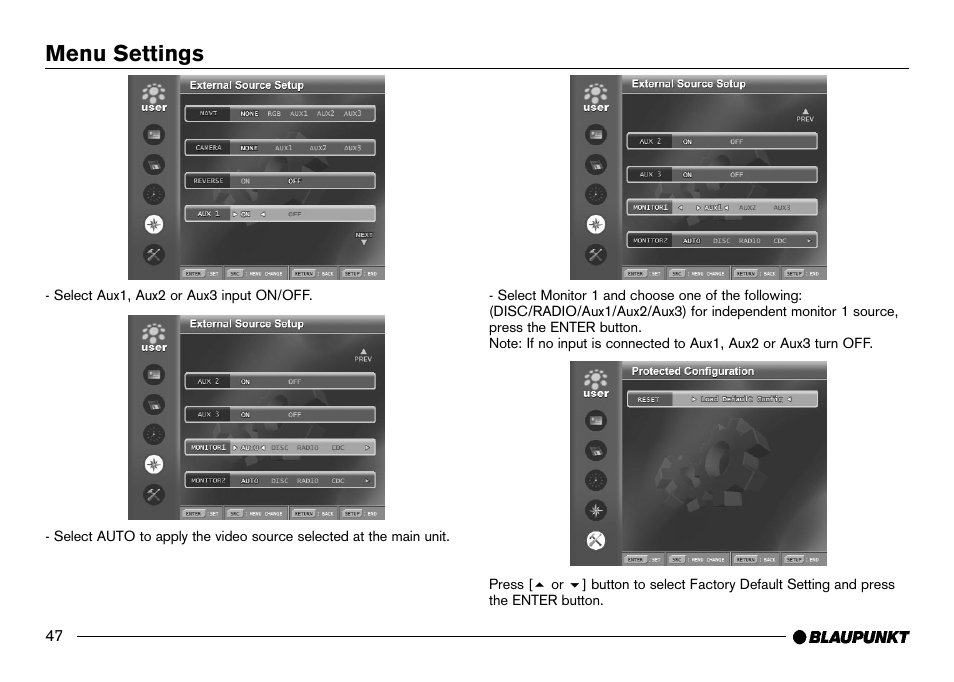 Reset to default (user menu setting), Selecting aux inputs on / off, Auto (internal drive is default) | Monitor 1 source select, Menu settings | Blaupunkt IVDM-7002 User Manual | Page 48 / 56