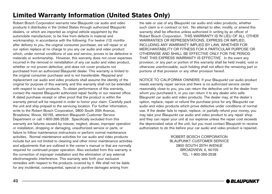 Warranty, Limited warranty information (united states only) | Blaupunkt IVDM-7002 User Manual | Page 50 / 56