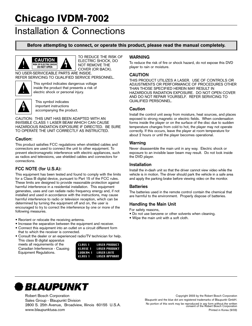 Installation manual, Chicago ivdm-7002 installation & connections | Blaupunkt IVDM-7002 User Manual | Page 53 / 56