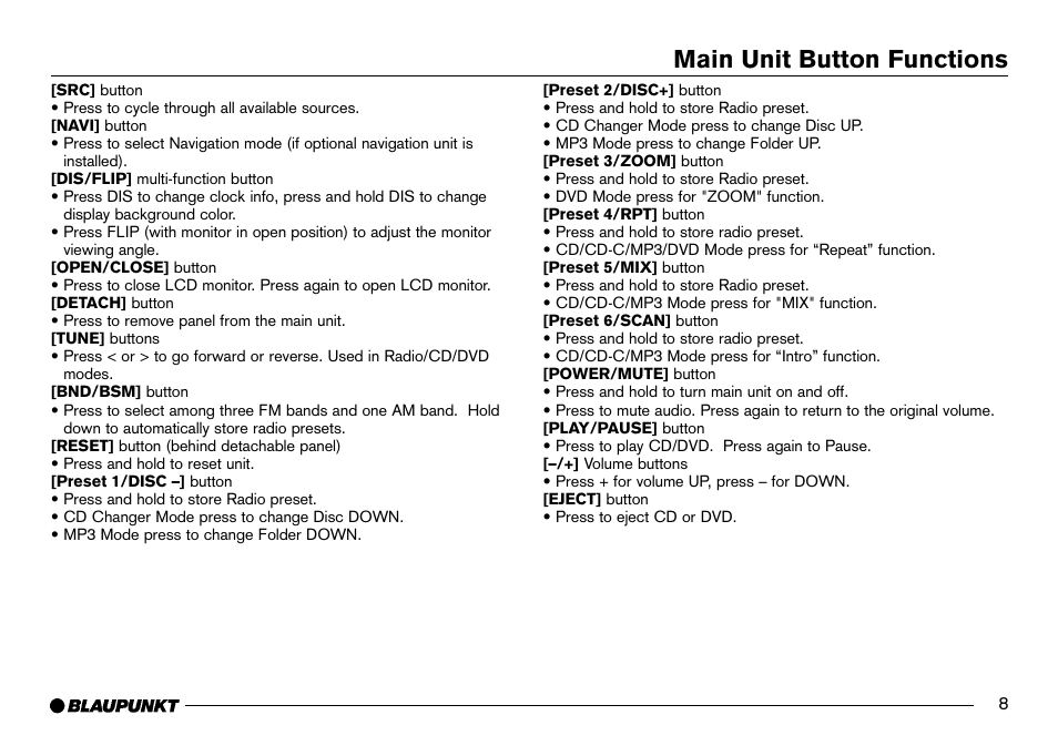 Main unit button functions | Blaupunkt IVDM-7002 User Manual | Page 9 / 56