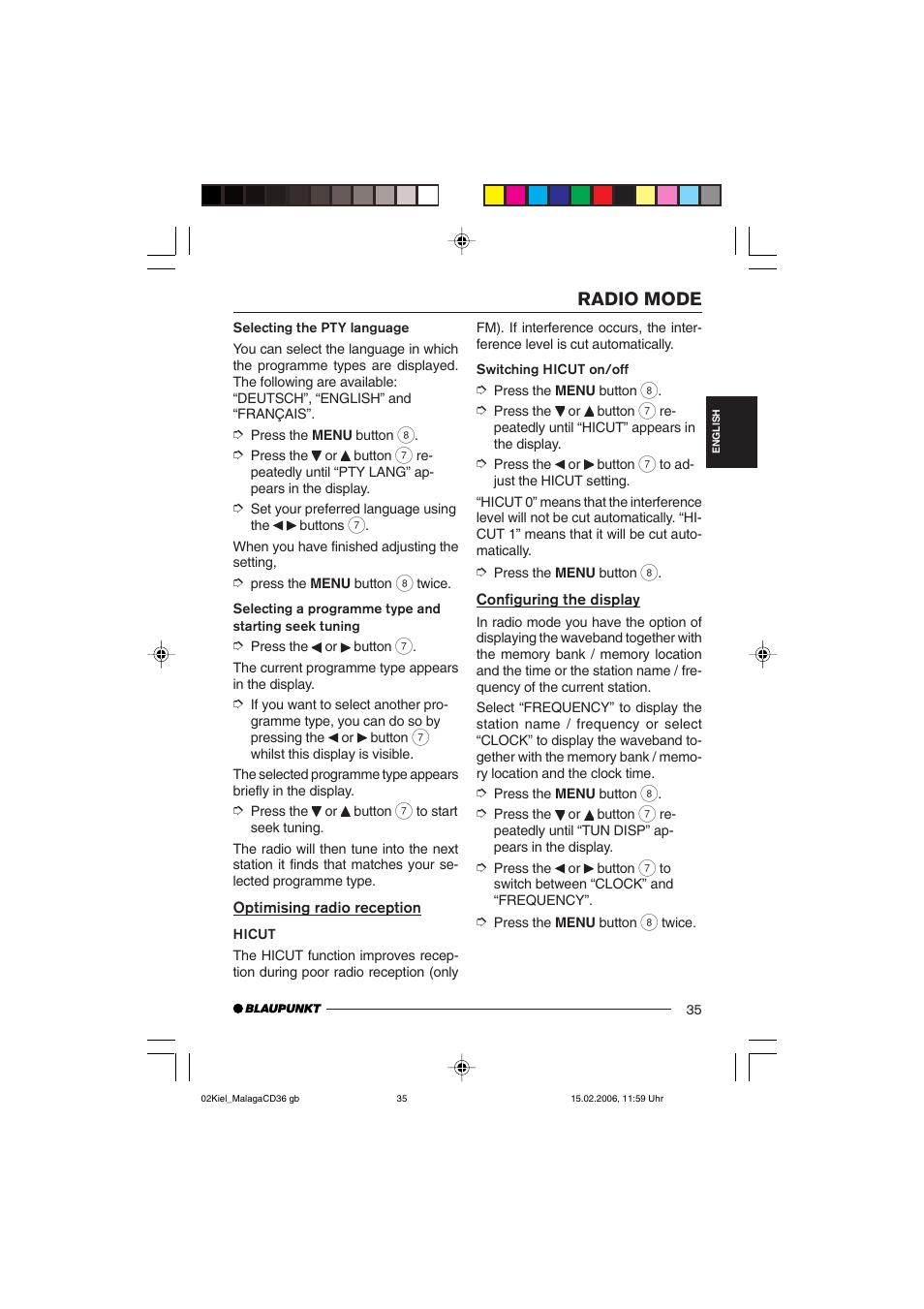 Radio mode | Blaupunkt KIEL CD36 User Manual | Page 13 / 25