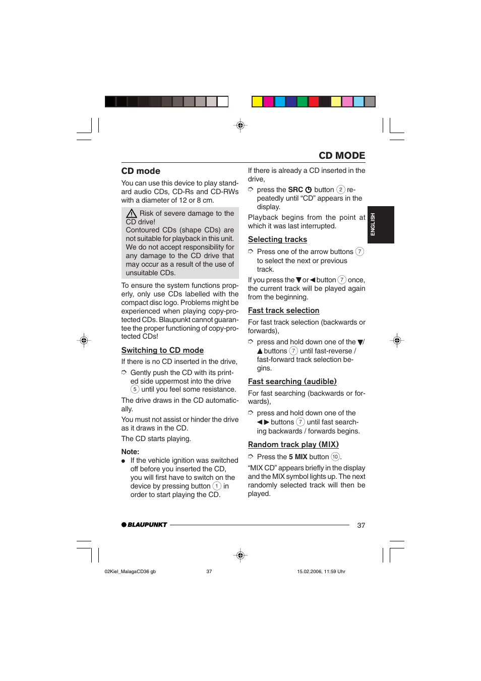 Cd mode | Blaupunkt KIEL CD36 User Manual | Page 15 / 25