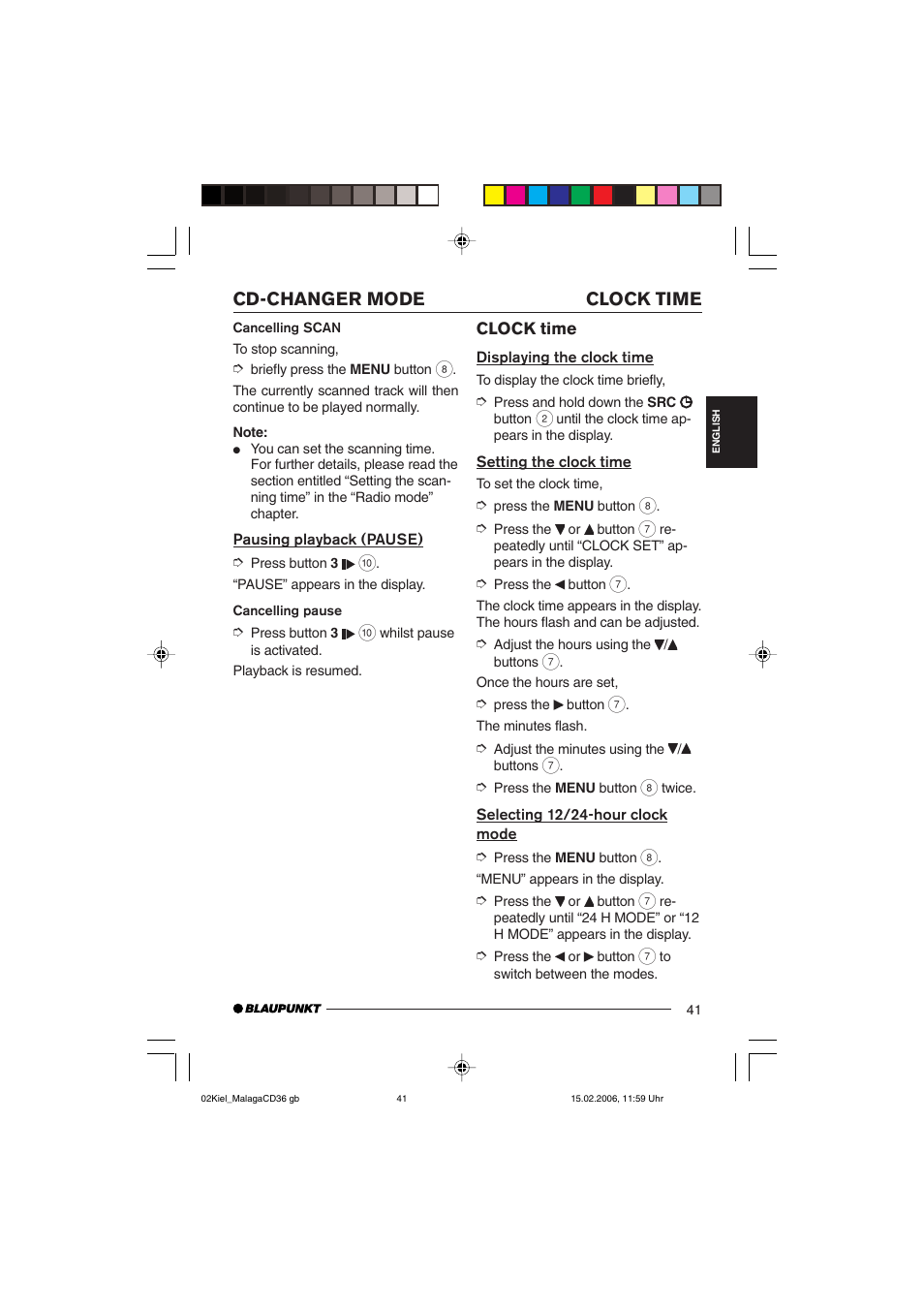 Cd-changer mode clock time | Blaupunkt KIEL CD36 User Manual | Page 19 / 25