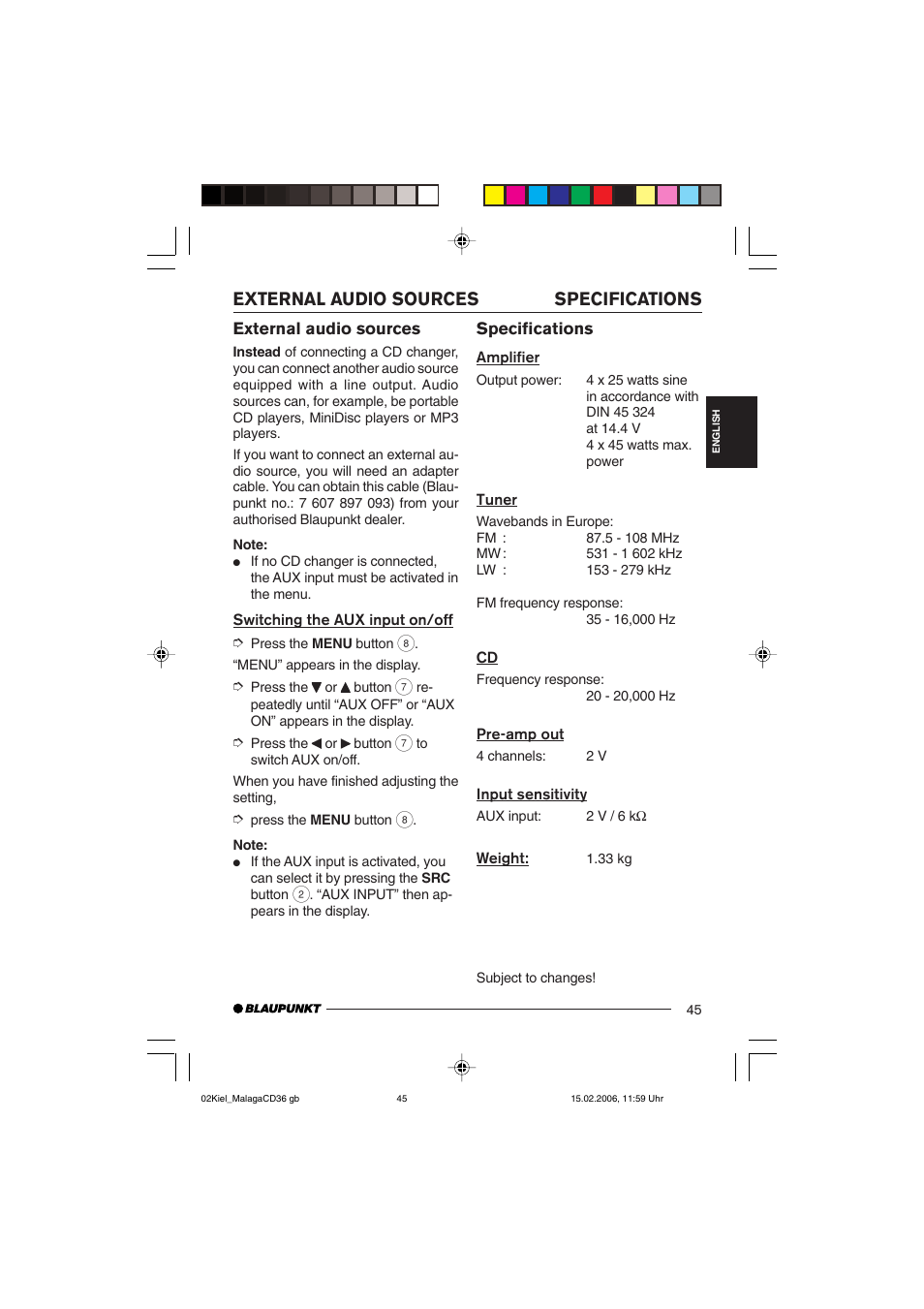 Specifications, External audio sources | Blaupunkt KIEL CD36 User Manual | Page 23 / 25