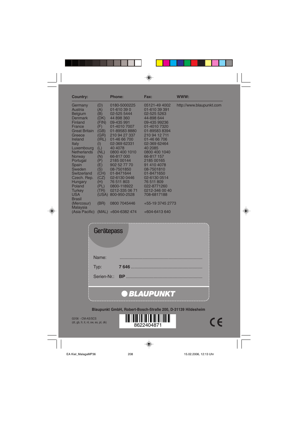 Gerätepass | Blaupunkt KIEL CD36 User Manual | Page 25 / 25