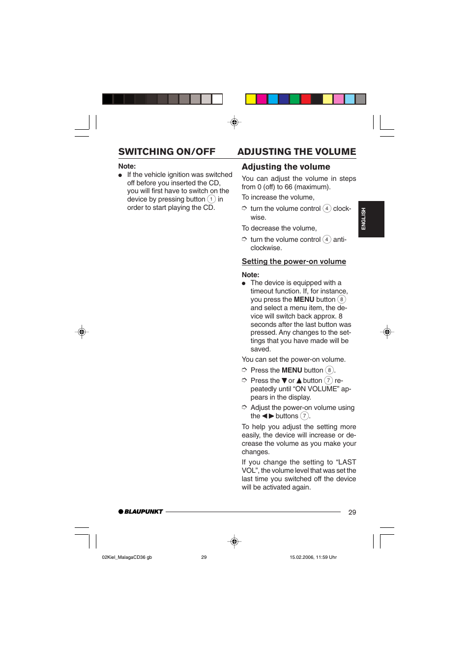 Adjusting the volume switching on/off, Adjusting the volume | Blaupunkt KIEL CD36 User Manual | Page 7 / 25