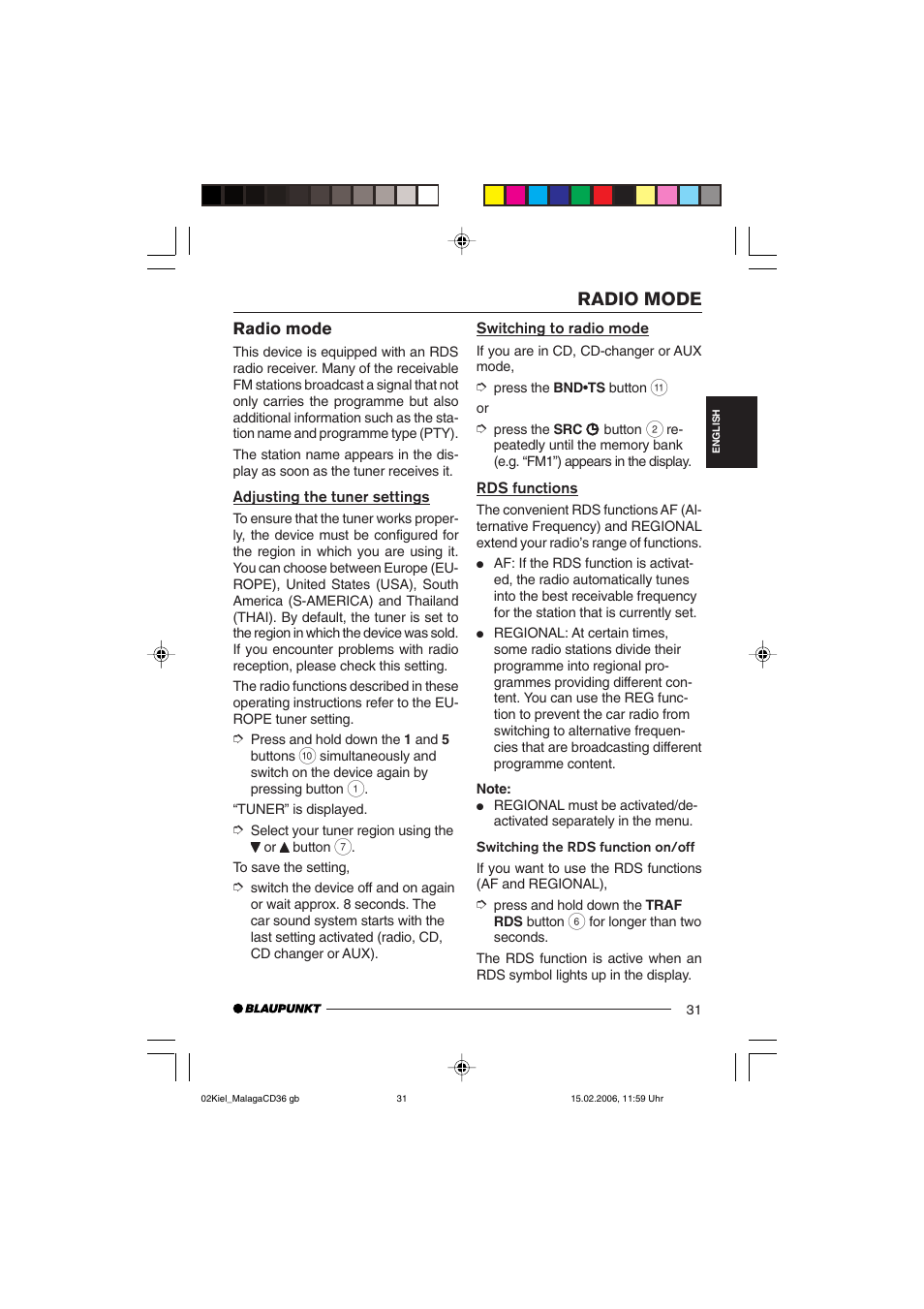 Radio mode | Blaupunkt KIEL CD36 User Manual | Page 9 / 25