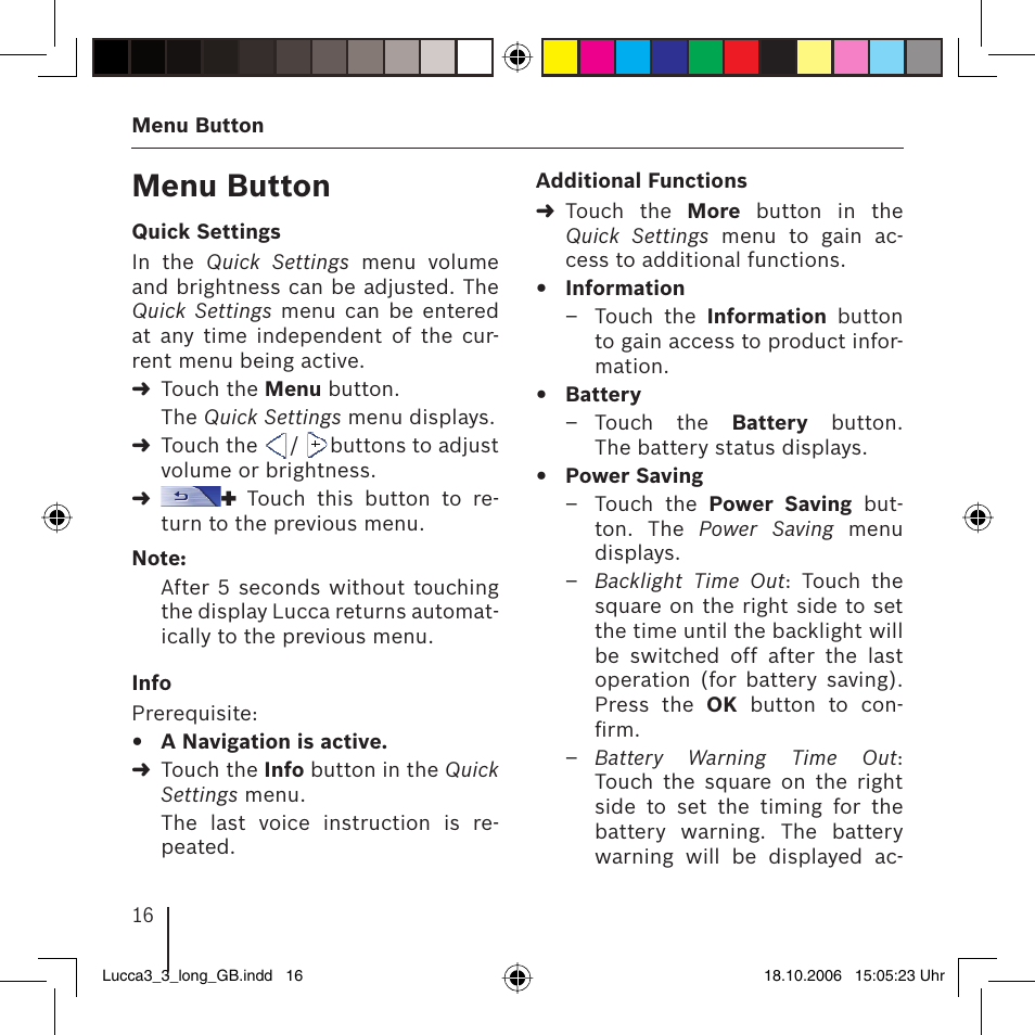 Menu button | Blaupunkt TRAVELPILOT LUCCA 3.3 User Manual | Page 16 / 88
