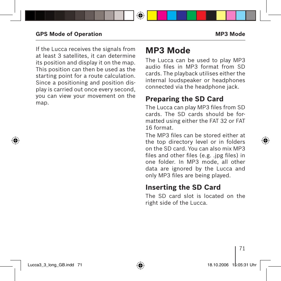 Mp3 mode, Preparing the sd card, Inserting the sd card | Blaupunkt TRAVELPILOT LUCCA 3.3 User Manual | Page 71 / 88