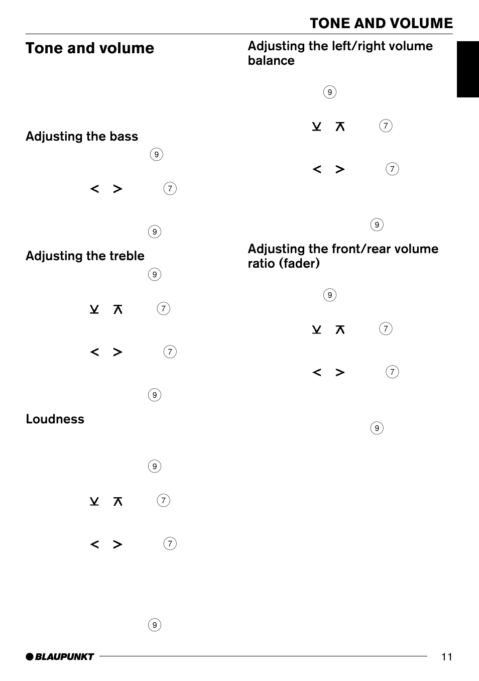 Tone and volume, Adjusting the bass, Adjusting the treble | Loudness, Adjusting the left/right volume balance, Adjusting the front/rear volume ratio (fader) | Blaupunkt LOS ANGELES MP71 User Manual | Page 11 / 31